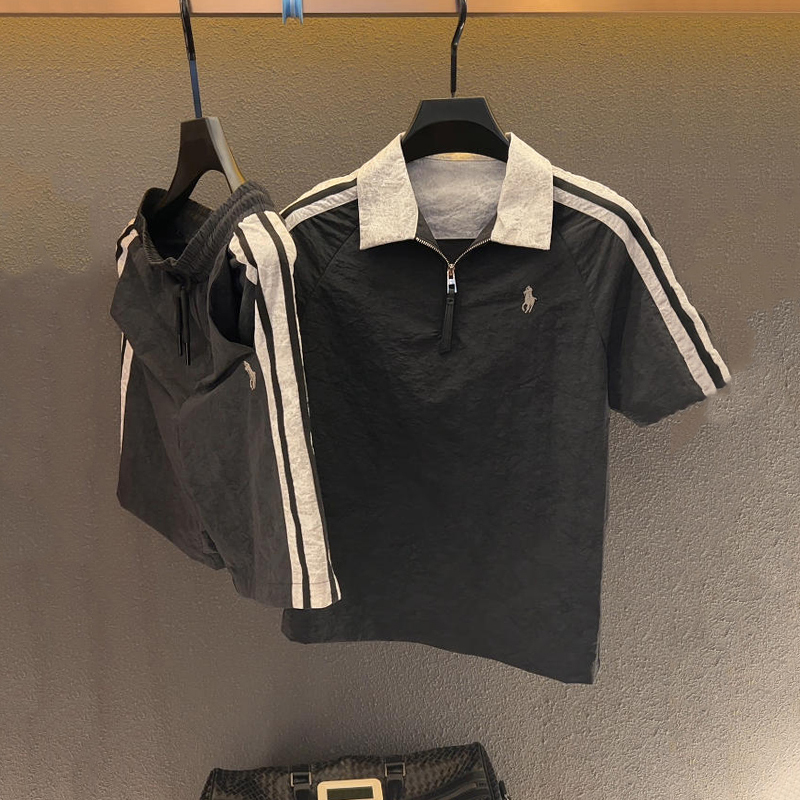 European Trendy Brand Striped Patchwork Suit for Men, Summer Fashion, Light Luxury, Versatile Lapel Short-Sleeve Shorts Sports Two-Piece Set