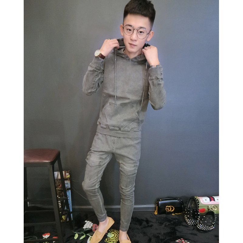 Mùa xuân và mùa thu nam dài tay thiết lập denim Bộ xã hội tâm linh Guy Bộ đẹp trai của quần jean áo bó quần jean nam