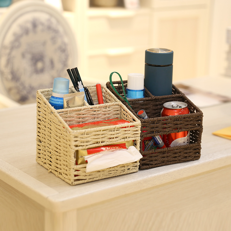 Japanese woven desktop office storage box straw pen holder study storage basket storage box sundries basket finishing box