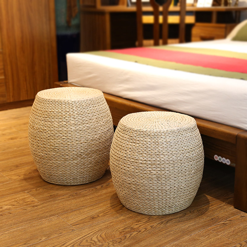 Primary color cattail weaving living room bench pastoral pier cushion thickened hand-woven round stool foyer round stool low stool