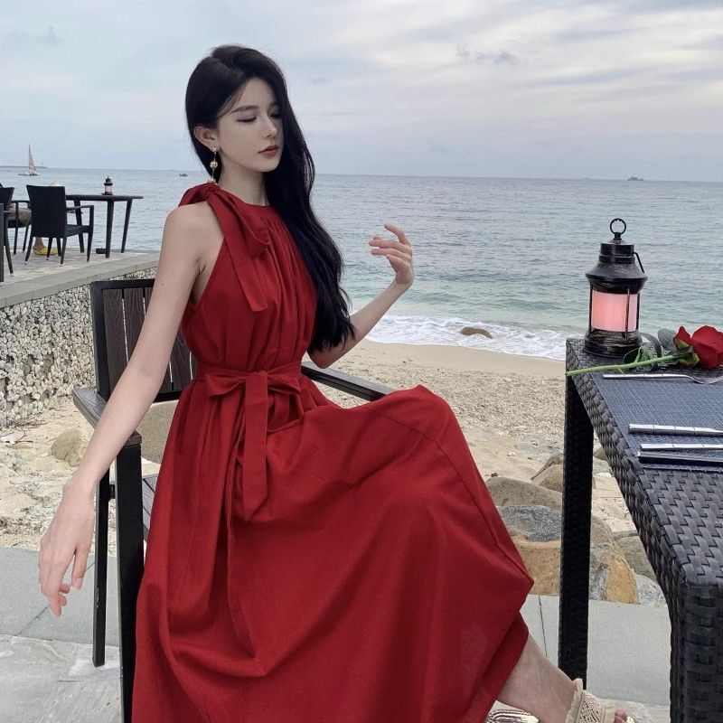 Vacation-Style French 2025 Burgundy Summer New Dress for Socialites, Sleeveless, Loose-Fitting, Tie-Up Long Dress, Elegant and Slimming