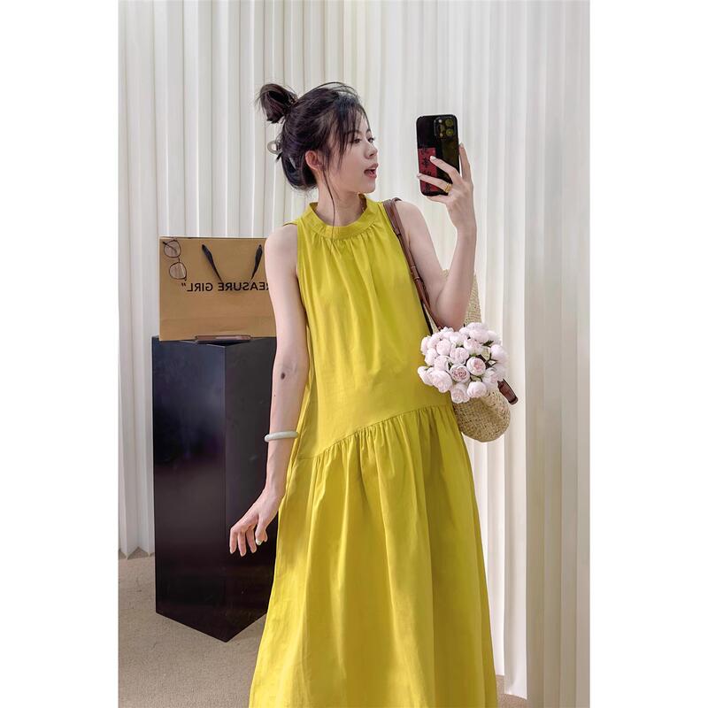 2025 New Sleeveless French-Style Yellow Halter Neck Dress, Summer Elegant Loose Vacation Long Dress 2025 New Sleeveless French-Style Yellow Halter Neck Dress, Summer Elegant Loose Vacation Long Dress