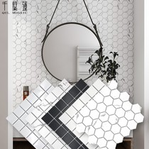 Black White Pure Color Tile Mosaic Nordic Bathrooms Ceramic Inkjet Stone Textured Hexagonal Toilet Kitchen Wall Brick