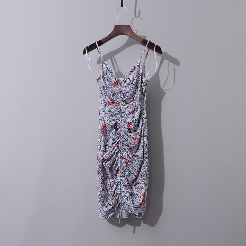 Positive Drawstring Floral Suspender Dress Hepburn Literary and Artistic Little Woman Low-Cut Tight French Style