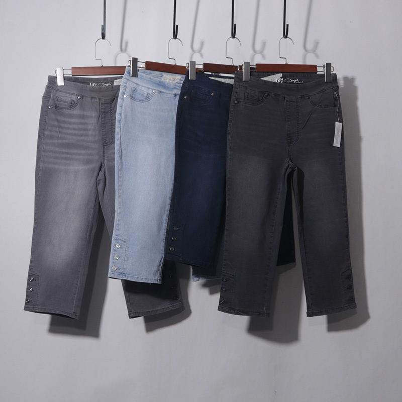 48021 Elastic Waist Pants with Decorative Buttons at the Cuffs, Cropped Length 48021 Elastic Waist Pants with Decorative Buttons at the Cuffs, Cropped Length