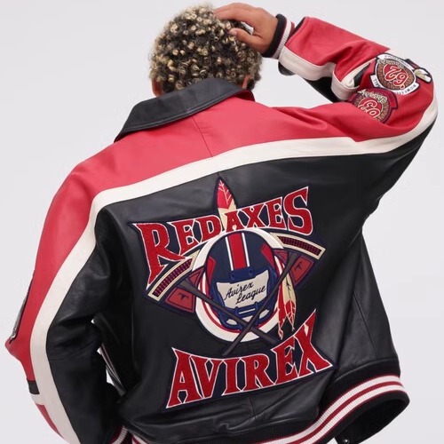 Avirex Varsity Jacket Red Axes Casual Sheepskin Leather Jacket Men's Style