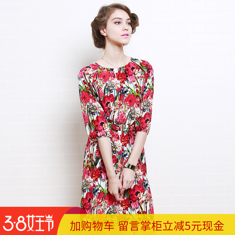 2015年夏季新款真丝双绉 高端大牌印花五分袖中长款连衣裙ZQE4811