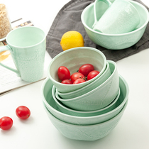 Clearance relief celadon dishes Tangshan green glaze relief plate Cup Bowl antique padded porcelain bowl plate