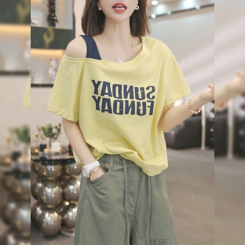 Letter Print Off-Shoulder Short-Sleeve T-Shirt for Women, Summer Yellow T-Shirt, 2026 New Korean Style Niche Design Top