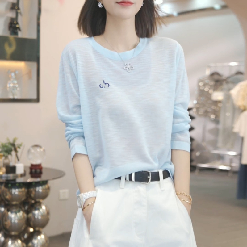 Blue Thin Long-Sleeved Sun Protection T-Shirt for Women, Summer Air-Conditioning Cover-Up, 2026 New Korean Style Lazy Loose Top Blue Thin Long-Sleeved Sun Protection T-Shirt for Women, Summer Air-Conditioning Cover-Up, 2026 New Korean Style Lazy Loose Top