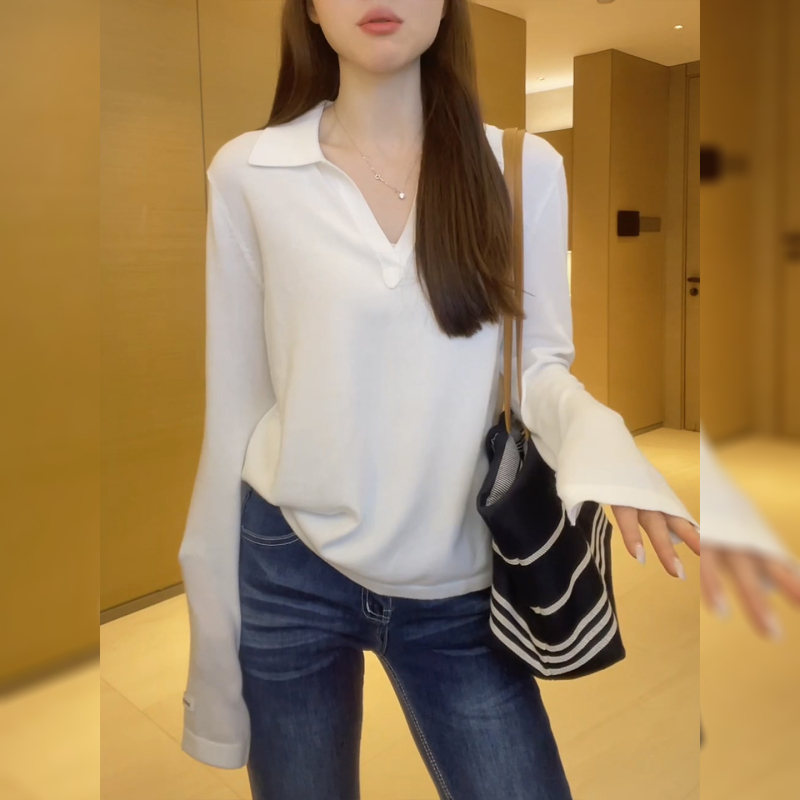 Polo Collar White Long-Sleeved Knitwear for Women, Autum Lapel Base Sweater, 2026 New Korean Style Loose Top Polo Collar White Long-Sleeved Knitwear for Women, Autum Lapel Base Sweater, 2026 New Korean Style Loose Top