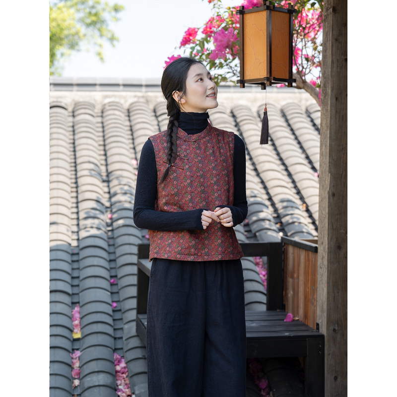 Yizhen Chinese-Style National Wind Linen Vest for Women with Diagonal Placket, Button Closure, Floral Pattern, Quilted Cotton Vest, Artistic Cotton-Linen Top