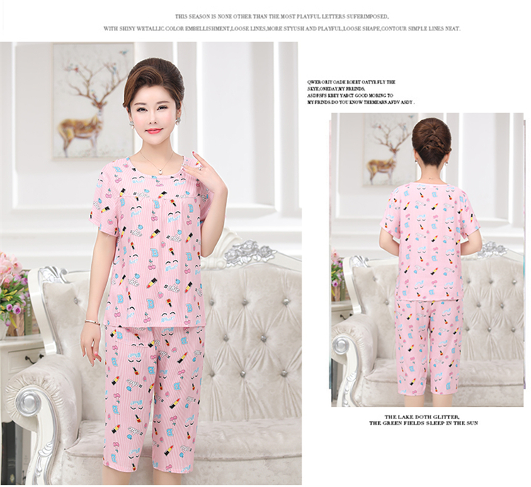 Mẹ tải đồ ngủ bằng lụa cotton mùa hè thoải mái và thoáng khí phục vụ tại nhà kích thước lớn nữ trung niên 40-50 tuổi phụ nữ trung niên - Quần áo của mẹ váy đầm tuổi trung niên
