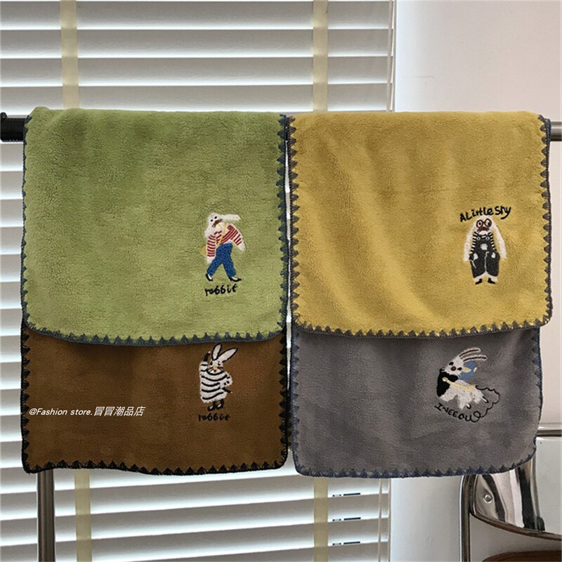 Cute Embroidered Bunny Towel for Women, Coral Fleece, Thickened, Absorbent, Hair Drying Towel, Student Face Towel, Couple Face Towel