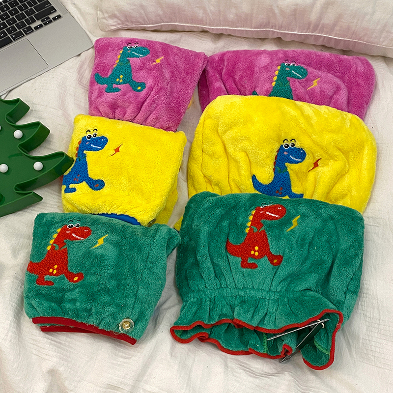 Cute Dinosaur Series Hair Drying Cap and Towel Two-Piece Set for Home Use, Coral Fleece Super Absorbent