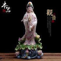 This ware Dehua ceramic hand-painted full of color five lotus Guanyin Buddha statue Lilian Guanyin Bodhisattva home feng shui ornaments