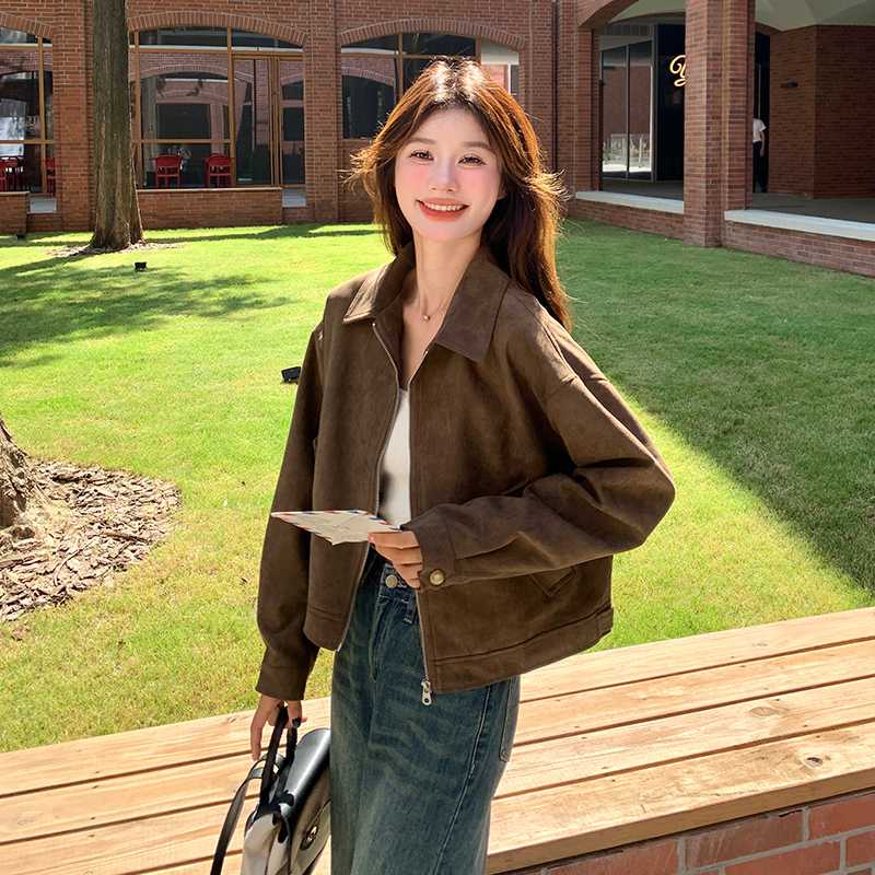 Very Stylish Spring and Autumn Jacket, Short Coffee-Colored Women's Jacket, Spring 2026 New Model, This Year's Popular Hot Item, Faux Suede Jacket