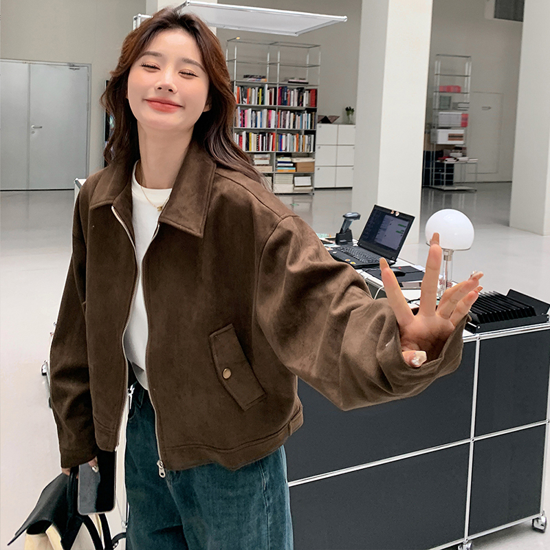 Melard Brown Jacket for Women, Spring and Autumn 2026 Trendy Casual Popular Style, Stylish Faux Suede Short Jacket for Petite Figures