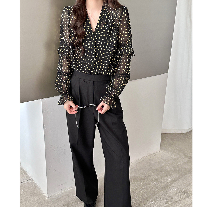 Very Slimming~ Early Autumn Dv New Polka Dot Print Lace Splicing V-Neck Two-Piece Set Lantern Long-Sleeve Chiffon Shirt
