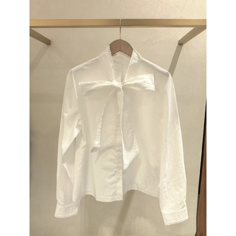 Pure Yuan~ Buy Without Thinking Twice Mj2026 Early Release Bow Collar Lace Patchwork Cotton Long-Sleeve Shirt