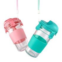 Portable glass water Cup couple Sports Cup hand cup with lid insulation transparent thick glass water bottle 500ML