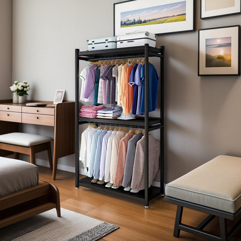 Clothes Rack, Floor-Standing Coat Rack, Bedroom Clothes LAOSHU Wardrobe, Metal Double-Layer Durable Cloakroom Clothes Rack