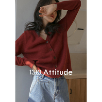 1313 transport red vintage V-neck long sleeve padded short cardigan 2021 Women autumn knitted slim sweater coat