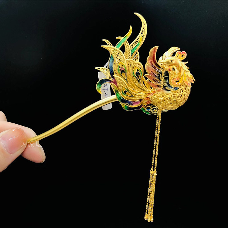 足金999回首鳳凰簪琺瑯工藝婚慶發簪黃金發簪首飾套裝