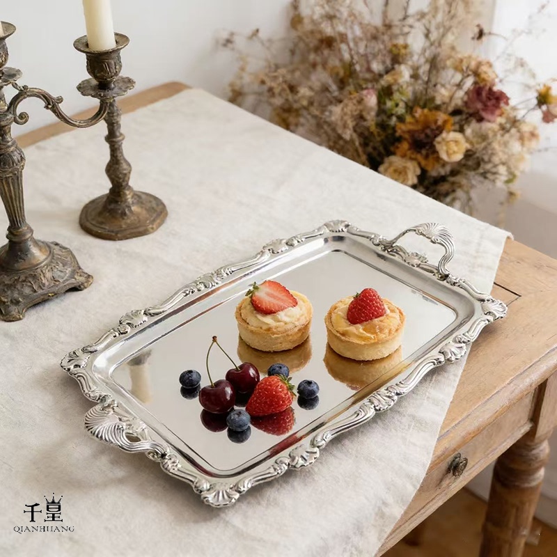 French Retro Stainless Steel Fruit Dessert Cake Tray Wedding Hotel Decoration Tray Tea Cup Jewelry Storage Tray