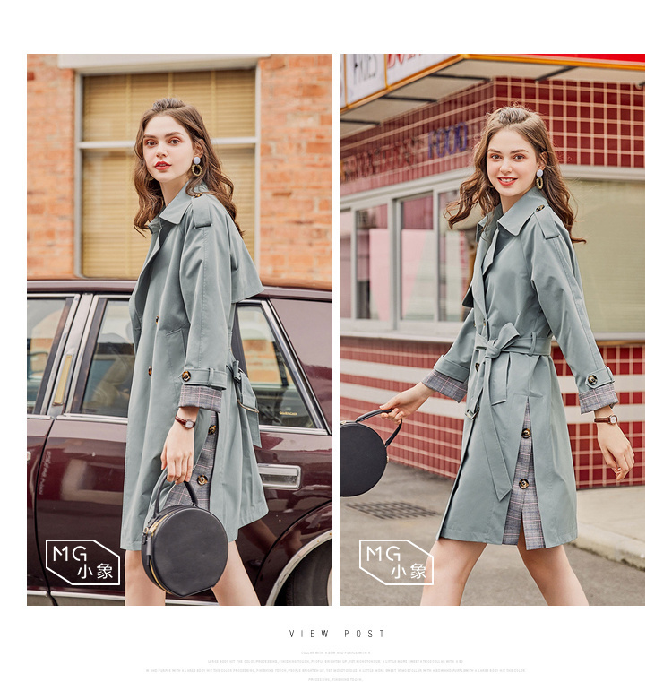 MG nhỏ voi thắt lưng giản dị áo gió nữ dài phần xuân 2019 mới dài tay áo rộng lưới khâu áo khoác thủy triều áo dạ nữ dáng dài hàn quốc