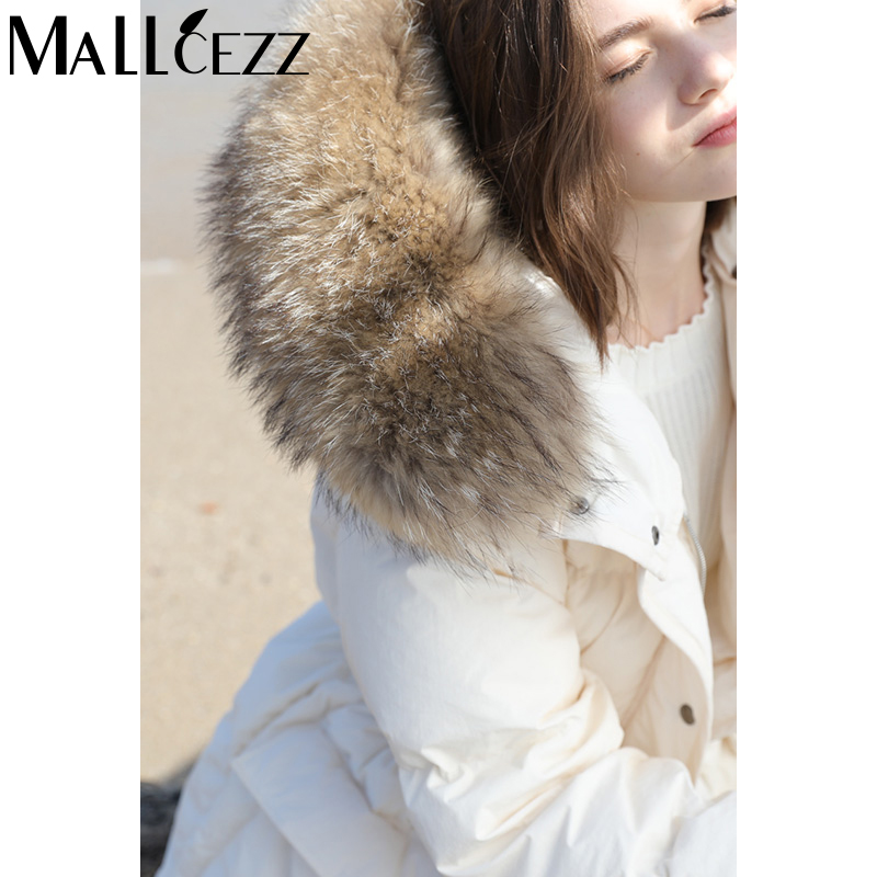 Wheat in white large fur collar goose down feather coat woman with long version of designer collection waist and small child autumn and winter in Europe and America