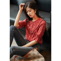 Red Retro Printed Lotus Leaf Side Shirts Women Design Sensation Small Crowdsourced Lazy style Lazy Breeze dont make a Spring and Autumn commute