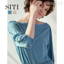 Siti blue seven-point sleeve collarbone dress foreign waist slim split A long skirt spring and summer