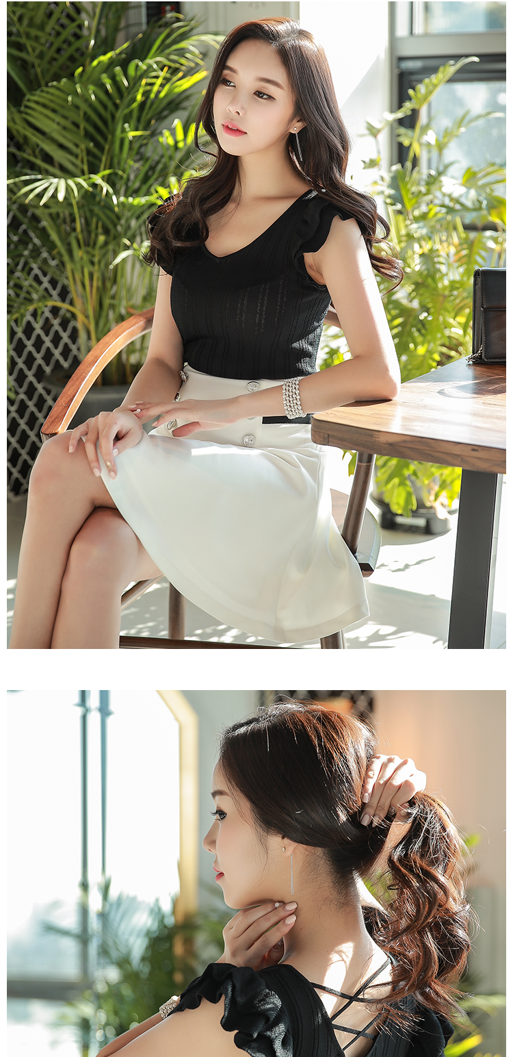 Màu hồng lớn búp bê mùa hè ăn mặc 2018 mới nữ tính khí tim cổ áo lá sen bay tay áo áo len mỏng áo len nữ