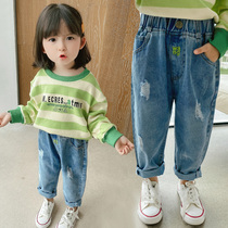  Girls  jeans spring and autumn wear 2020 new childrens Korean version of the tide girl baby pants Western style fashionable trousers autumn