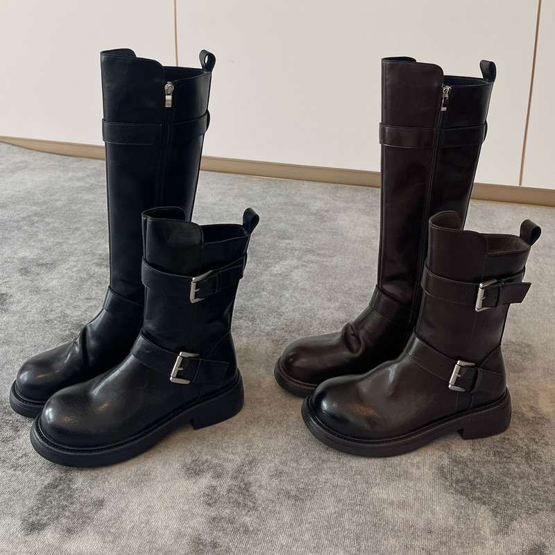 Soft Cowhide ~ Genuine Leather Thick-Soled Riding Boots for Women, New Autumn and Winter Double Buckle Strap Mid-High Boots, Long Boots, Short Boots Soft Cowhide ~ Genuine Leather Thick-Soled Riding Boots for Women, New Autumn and Winter Double Buckle Strap Mid-High Boots, Long Boots, Short Boots