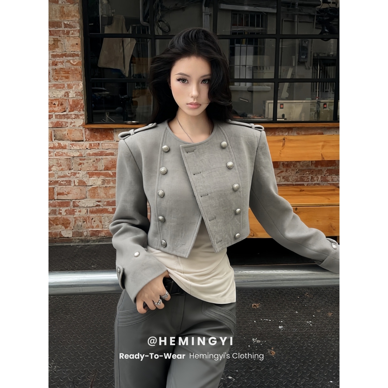 In Stock Hemingyi Napoleon Style Double-Breasted Metal Button Short Coat Women's Shoulder-Padded Woolen Jacket Autumn Petite Size In Stock Hemingyi Napoleon Style Double-Breasted Metal Button Short Coat Women's Shoulder-Padded Woolen Jacket Autumn Petite Size