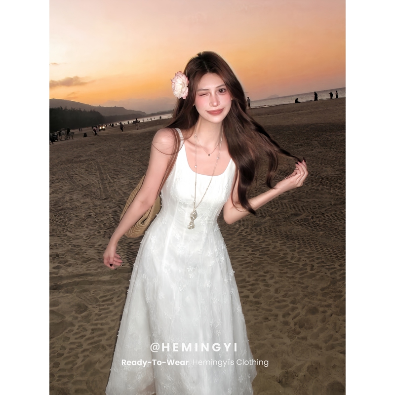 Hemingyi Cloud Moon Heavy Embroidery Full-Surface 3D Embroidered U-Neck Dress Summer White Dress with Wide Shoulder Straps Long Dress