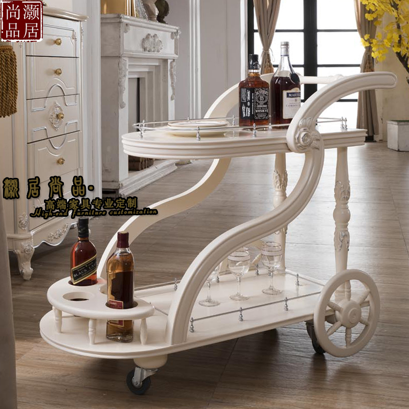 European-style Solid Wood Dining Car Wine Water Car White Home Villa Carved Dining Room Small Trolley Trolley Tea Water Car Customized