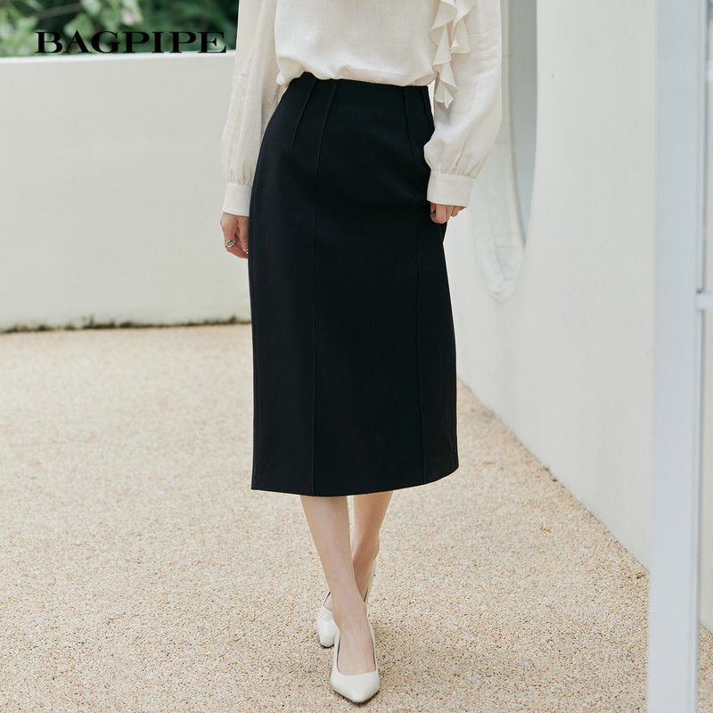 Bagpipe 2025 春の新作 ブラック 流れるようなスリムフィット ハイウエスト ミディスカート レディース 通勤用 エレガントでボディコン