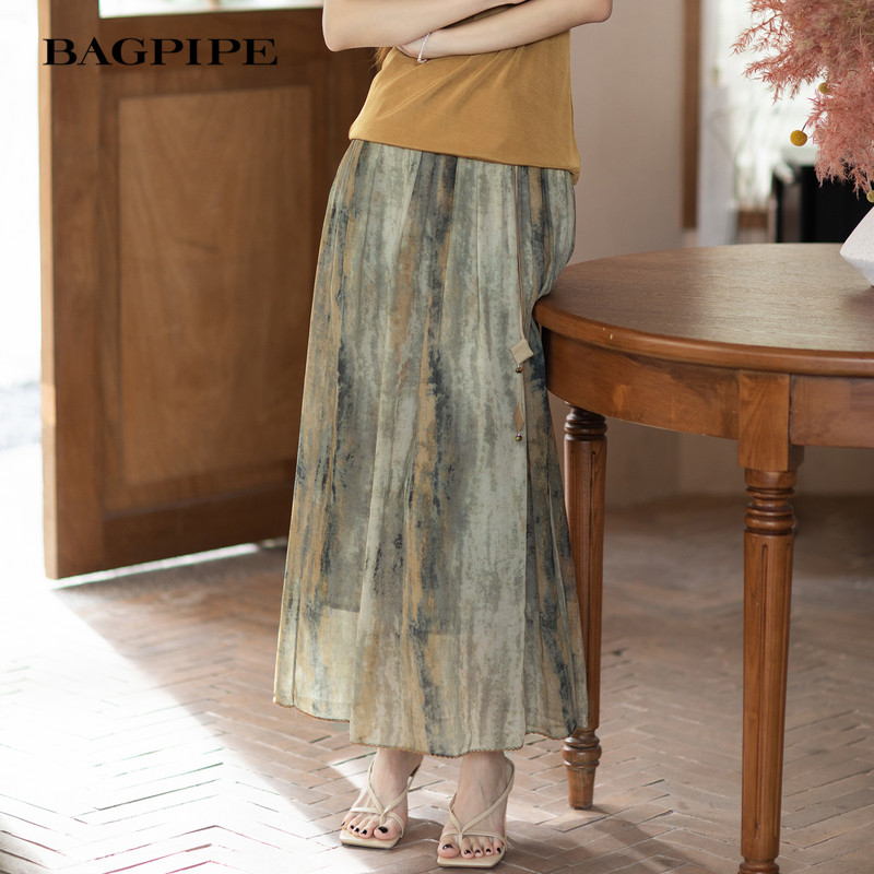 バグパイプ 2025 夏新作 エレガントなタイダイ柄ミディスカート ウエストゴム入り Aラインスカート スリム効果とヒップカバー効果のあるロングスカート