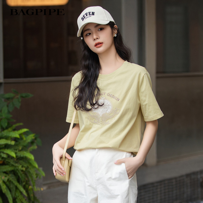 Bagpipe 2025 夏新作 ラウンドネック ルーズTシャツ ストレートショルダー 半袖 - フレッシュで万能、スタイリッシュなレディーストップス