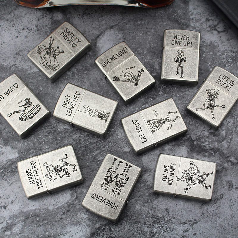 Zorro Zorro Copper Shell Kerosene Lighter Custom Made Old Ancient Silver Knurling Etching Skull Sending Fire Asbestos Core