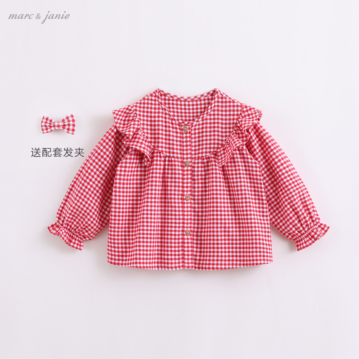 Mark Jenny Baby Spring Dress Girl Splicing Agaric Side Plaid Shirt Child Long Sleeve Shirt 213501