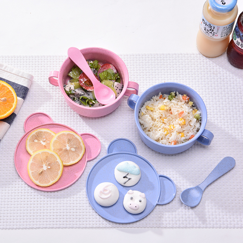 Wheat Straw Infant rice bowls Tableware Anti-Fall Cartoon Home Baby Sidefood Double Ear Bowl spoon with lid suit