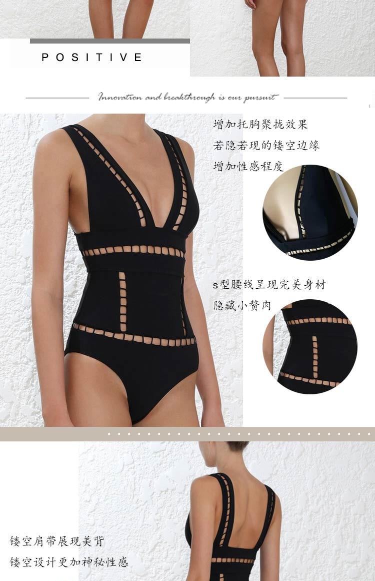 Châu Âu và Hoa Kỳ ngực nhỏ gợi cảm ba điểm tụ tập sâu v thêu bikini rỗng màu đen là áo tắm mỏng một mảnh của phụ nữ bộ đồ bơi nữ kín đáo