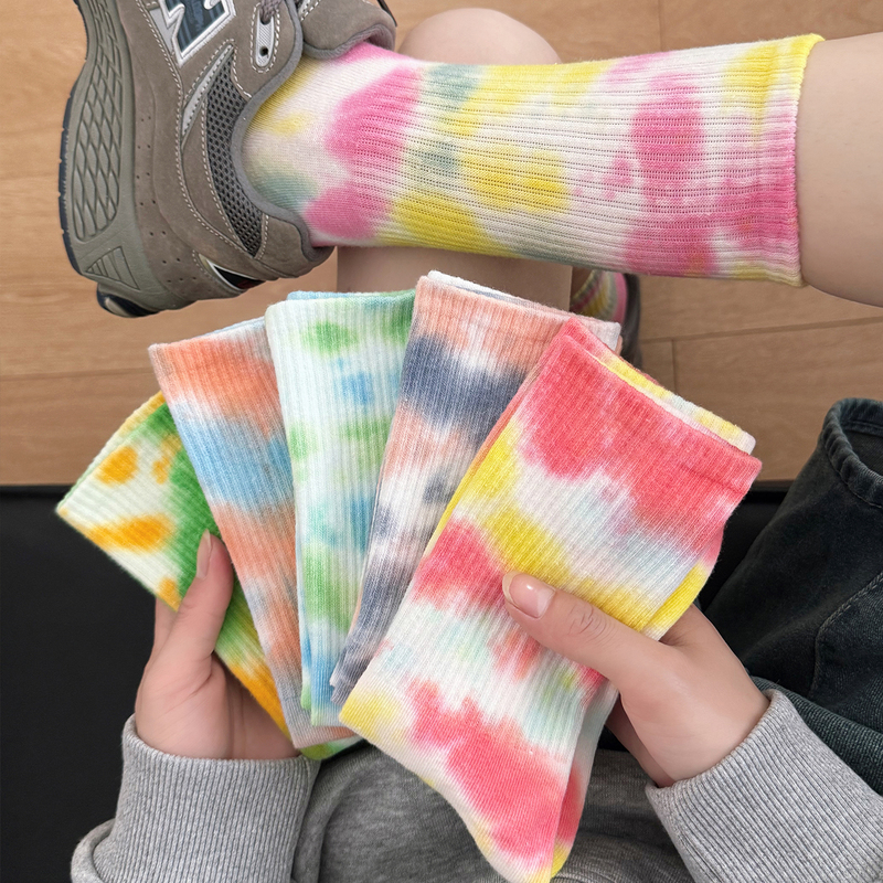 3 Pairs of Tie-Dye Socks for Women ins Trendy Pure Cotton Mid-Calf Autumn Japanese Cute Sports Socks Long Socks for Men Street Fashion Brand