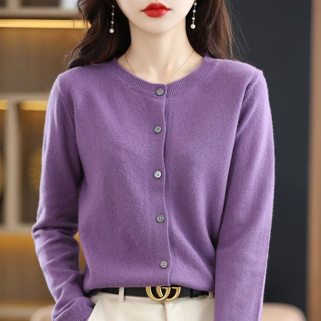 Australian Merino Cashmere Sweater Knitted Cardigan Women's Spring and Autumn Round Neck Loose Wool Jacket