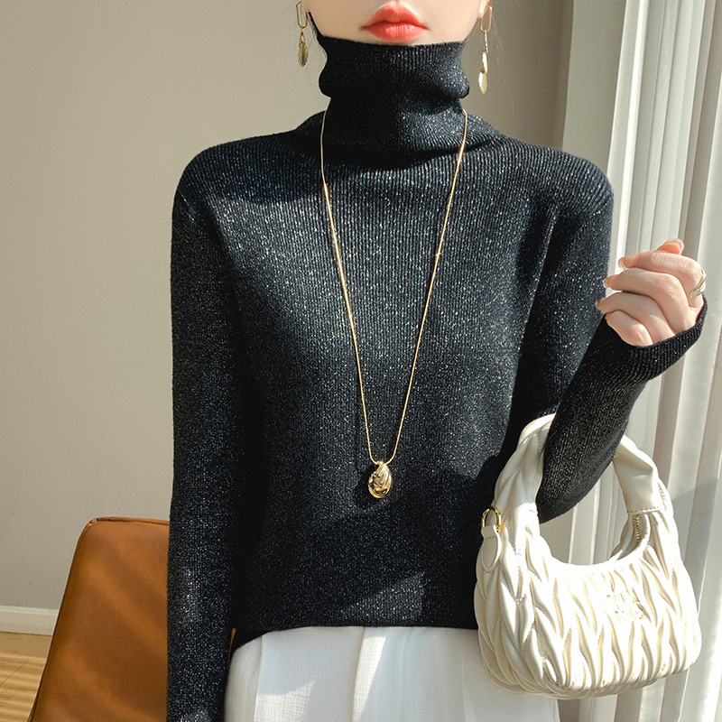 2024 Autumn/Winter New Fashionable and Stylish Pile Collar Knit Sweater for Women with Shiny Gold and Silver Thread, High Neck Base Shirt