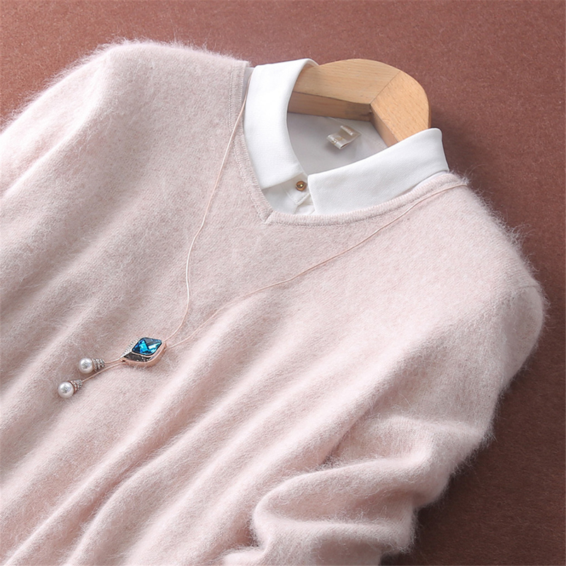 New Winter Mink Sweater for Women, V-Neck Pullover Mink Sweater, Short Slim-Fit Cashmere Base Layer, Warm Wool Sweater